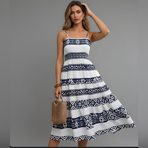 Boho Geo Print Ruffle Hem Cami Dress White/Blue - Picture 3 of 9